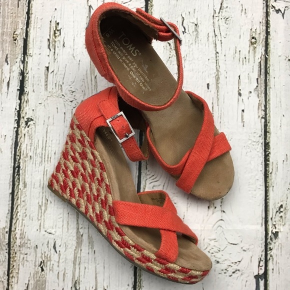 Toms Espadrille Wedge Strappy Heels Coral Sz 6 - Picture 7 of 7